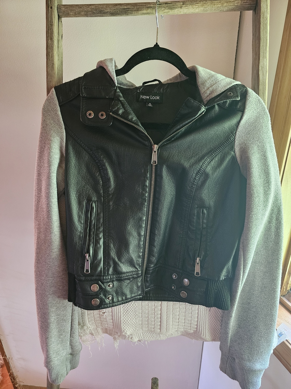 New Look Black Faux Leather Jacket with Gray Knit Hood & Sleeves